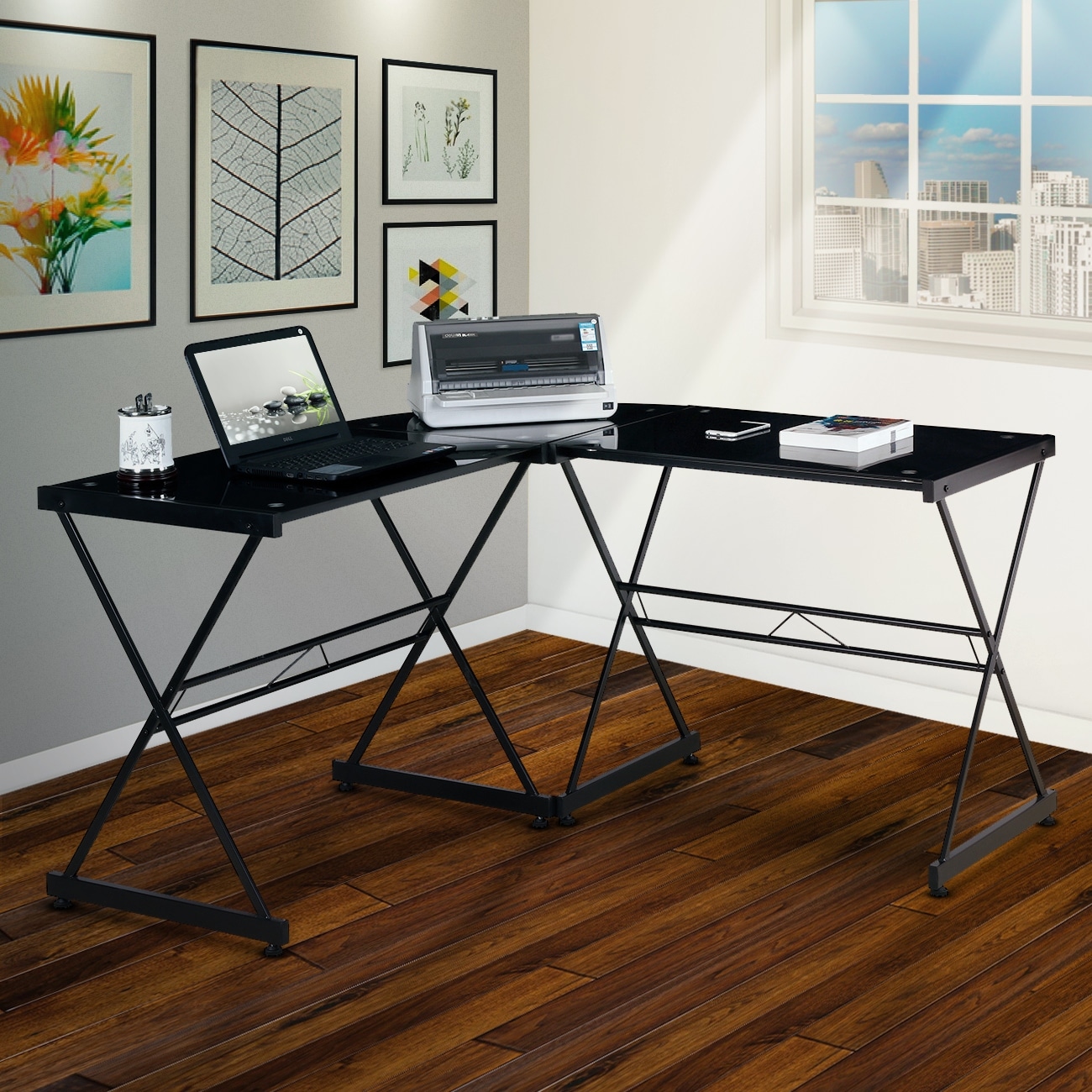 Modern Design Home Office L Shaped Glass Corner Computer Desk with Glass Tabletop Chrome Cross Frame and Floor Glides