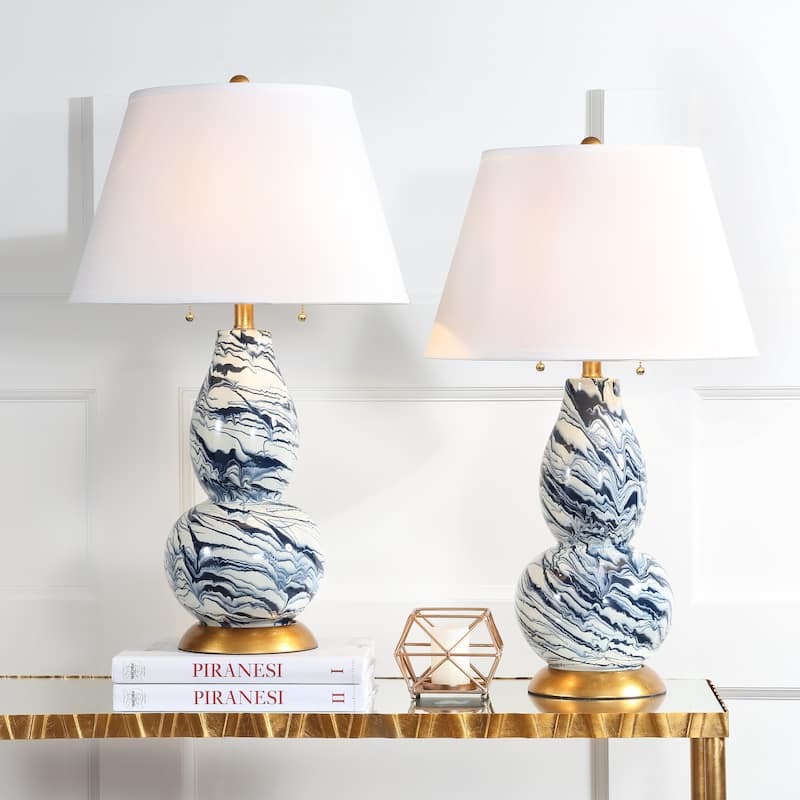 SAFAVIEH Lighting 29-inch Navy and White Color Swirls Glass Table Lamp (Set of 2) - 17"x17"x28"