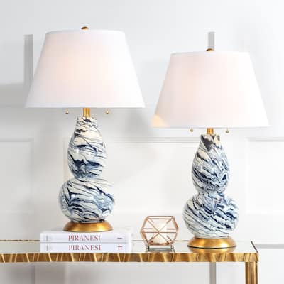 SAFAVIEH Lighting Sebrina 29-inch Navy And White Color Swirls Glass Table Lamp (Set of 2) - 17"x17"x28" - 17Wx17Dx28H