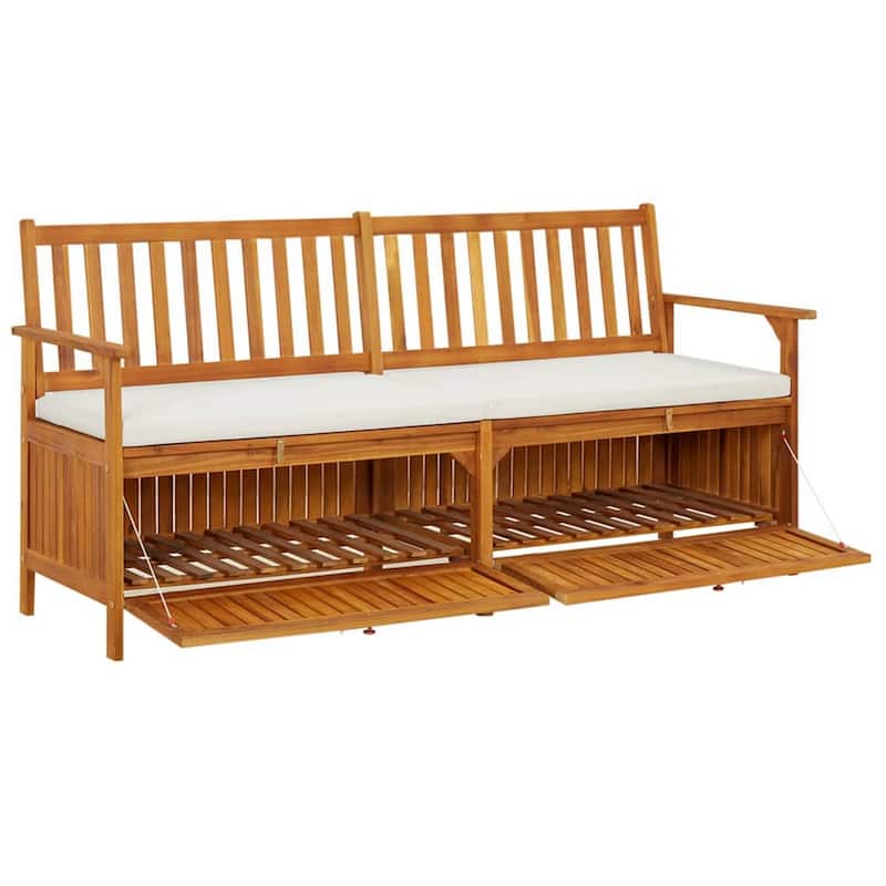 Outdoor Storage Bench, White Fabric Cushion, 66 Inch Brown Acacia Wood