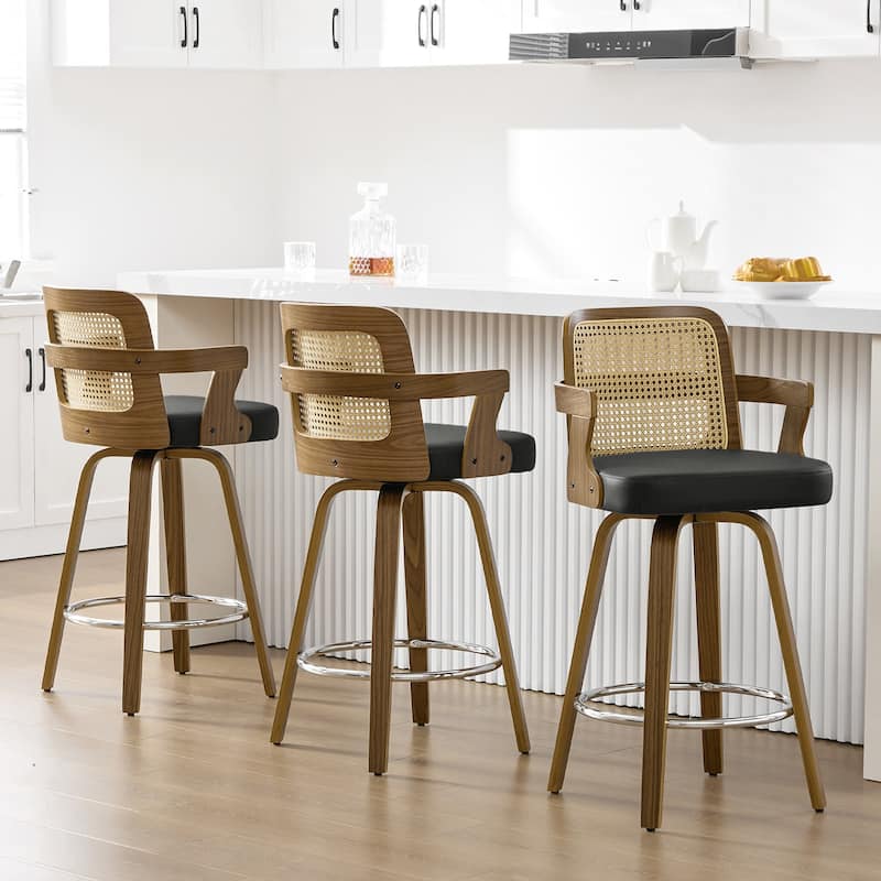 Upholstered Swivel Barstool with Arms and Bentwood Legs - 40.8"H x 18.9"W x 19.5"D/19.3"D