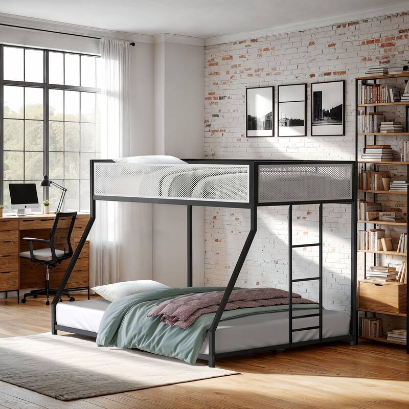 Contemporary Twin Over Full Metal Bunk Bed with Ladder, Black Finish, Mattress Ready