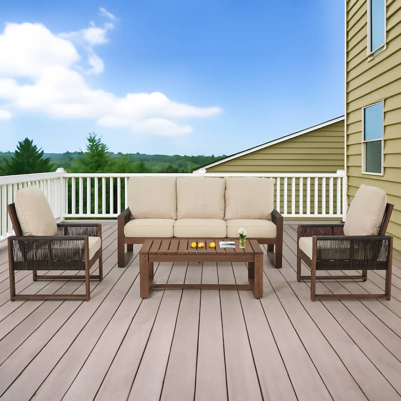 Outdoor 4-Piece Sofa Set with Coffee Table, PE Wicker & Cedar Wood Patio Furniture, Garden Conversation Set with Thick Cushions - Beige