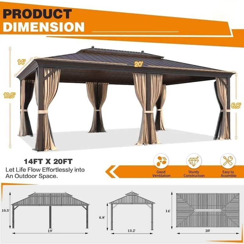 Erommy Hardtop Gazebo with Aluminum Frame and Double Roof, Permanent Outdoor Gazebo Includes Curtains&Netting for Patio Backyard