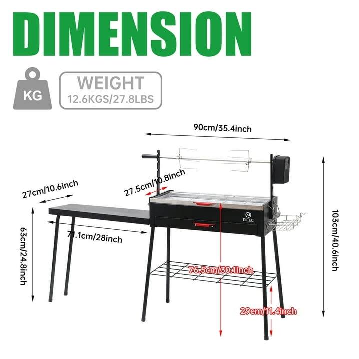 Charcoal Grill, Portable Rotisserie Grill with Detachable Table