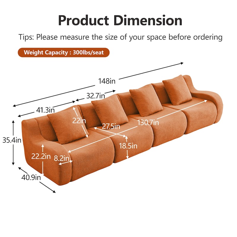 GDF Studio - Fairford 4-Seat Modular Sofa with Curved Armrests & Premium Teddy Fabric