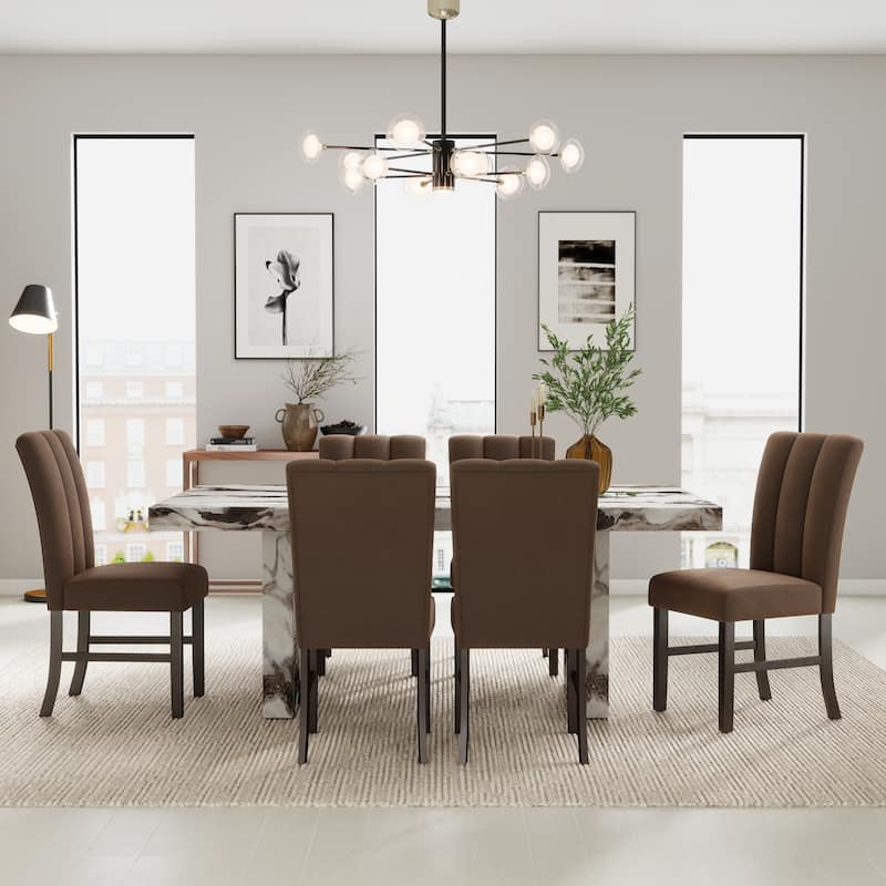 Roundhill Furniture Cavira 7-Piece Modern Faux Marble Dining Set, Double Pedestal Table with 6 Upholstered Chairs