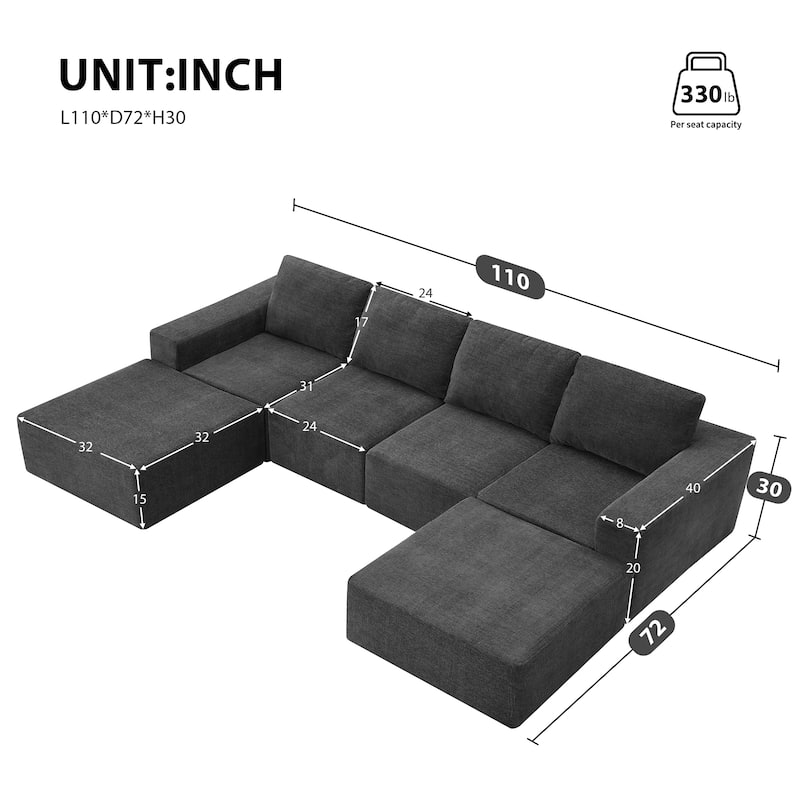 Modular U-Shaped Sectional Sofa with 2 Ottomans, Chenille Cloud Floor Couch, Fully Compressed Upholstered Sofa - Dark Gray