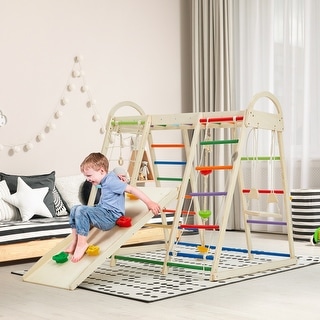 EROMMY 8-in-1 Wooden Climbing Gym for Kids - Indoor Playground Set with Slide, Monkey Bars, Climbing Wall, Wood & Rope Ladder