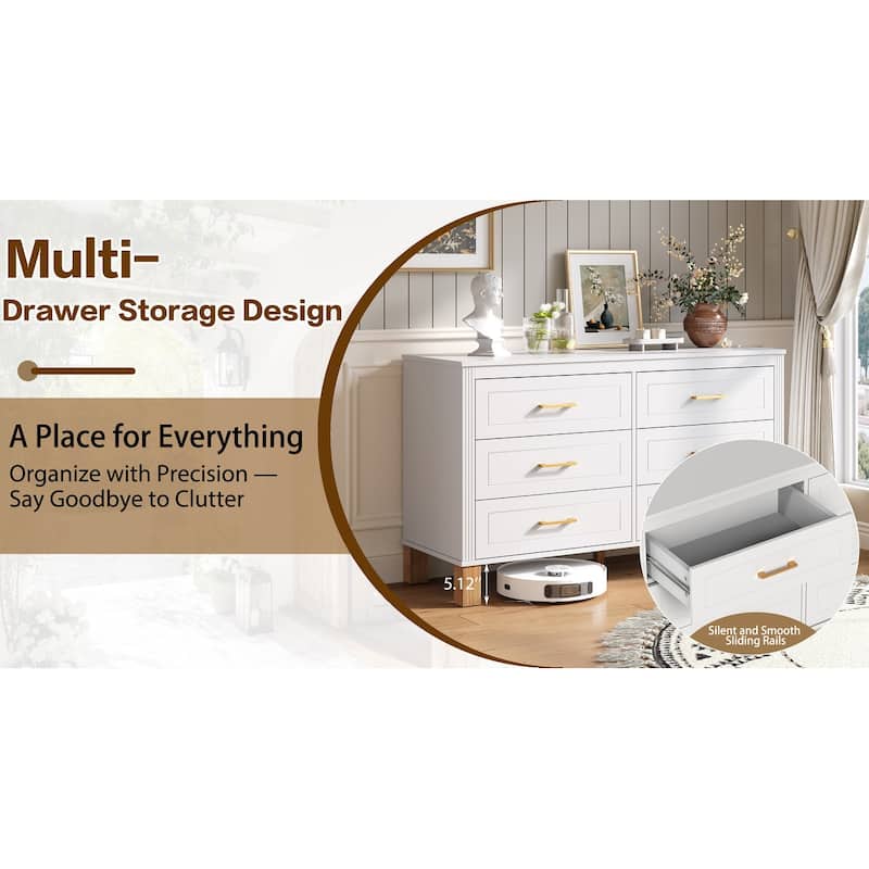 6-Drawer Double Dresser with Metal Handles & Solid Wood Legs, Kids Bedroom Storage Organizer