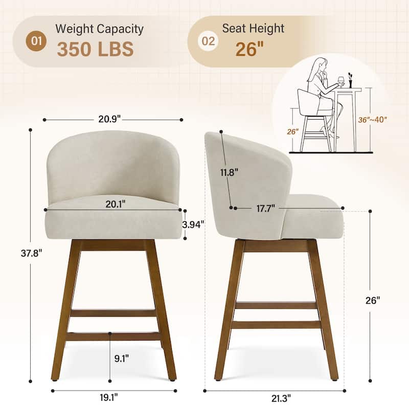 26 Inch Upholstered Swivel Counter Height Bar Stools with Back and Solid Wood Frame - 37.8"H x 20.9"W x 21.3"D