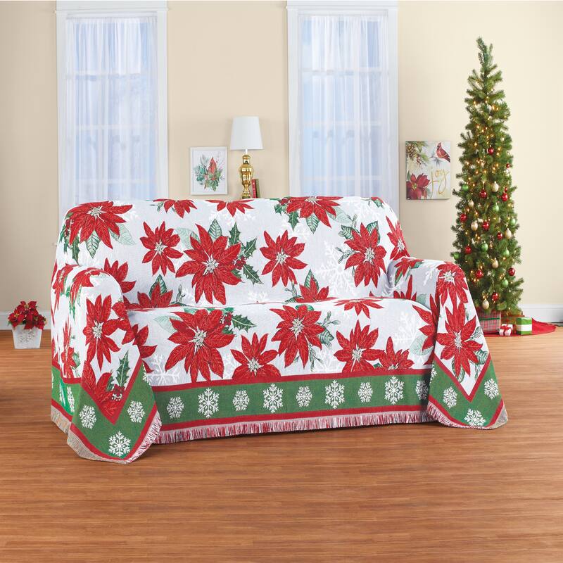 Festive Poinsettia Fringe Border Tapestry Furniture Throw - Loveseat