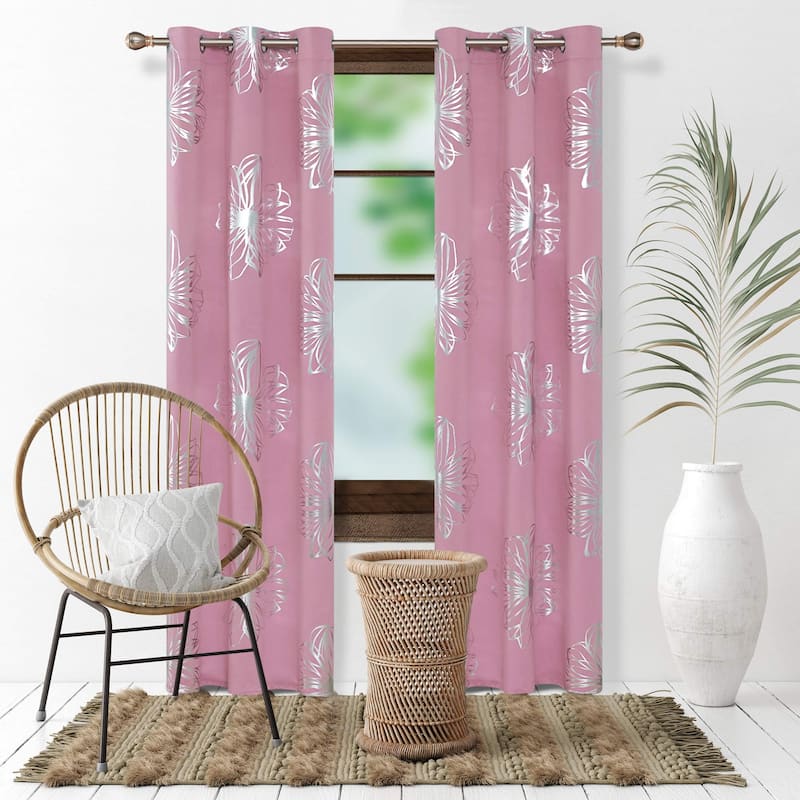 Flower Foil Printed Room Darkening Drapes for Girl's Bedroom 2 Panels - 42W x 63L - Pink