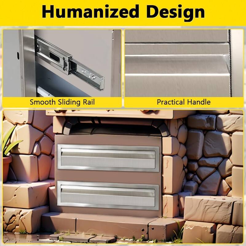 Outdoor Kitchen Drawer 24" W x 6.5" H x 23" D, 304 Stainless Steel Flush Mount Single Layer Access BBQ Drawers