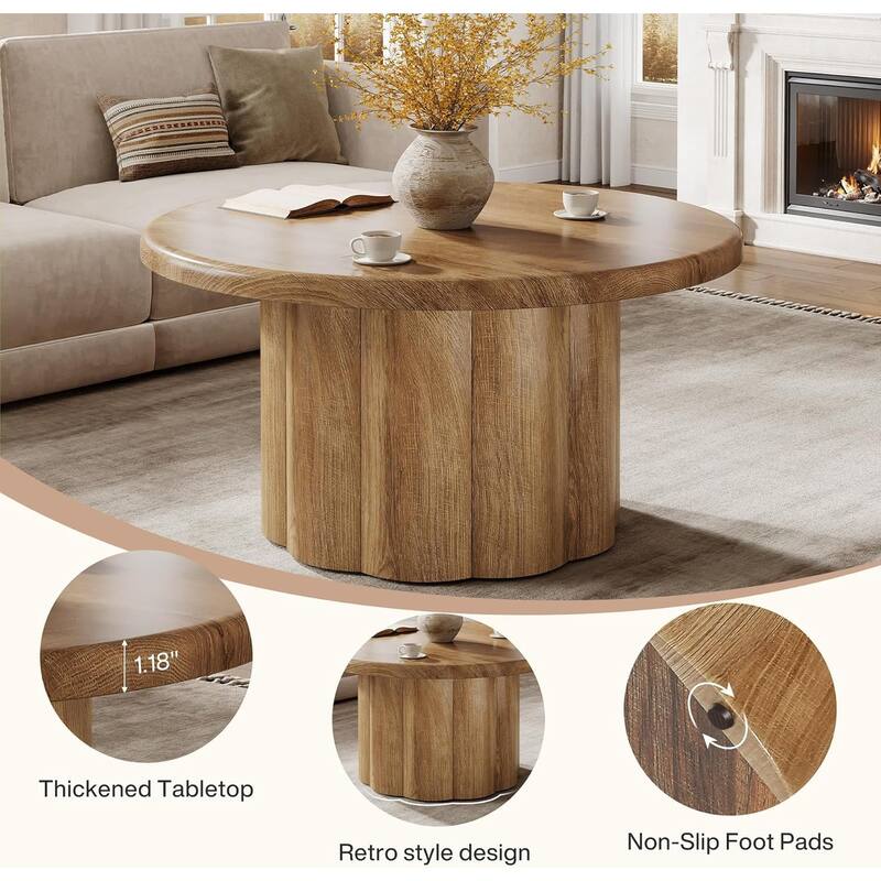 31.5" Farmhouse Woode Round Coffee Table for Living Room, Apartment, Small Space