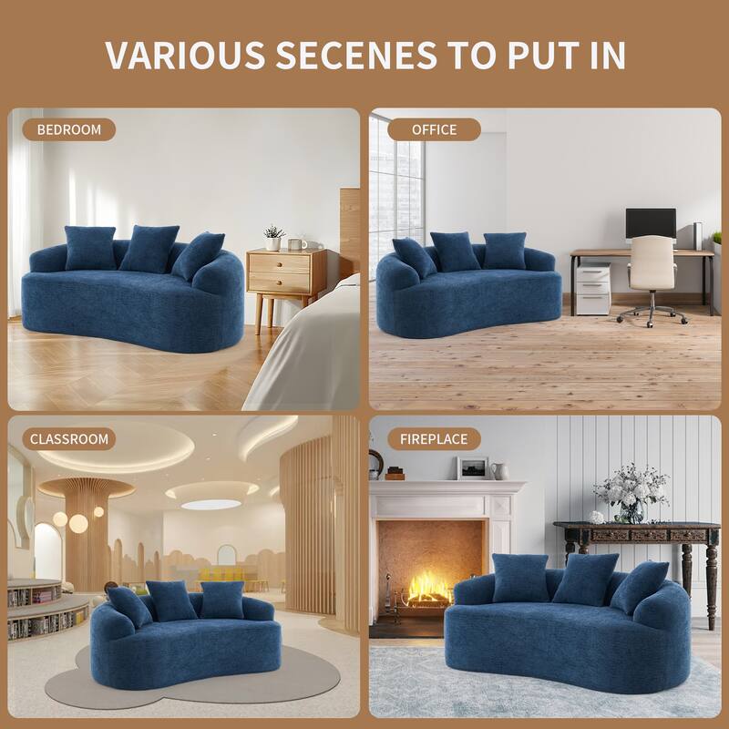 Curved Loveseat Blue Full Compression Sponge Sofa, 30D Chenille No-Assembly Compact Sofa for Small Spaces