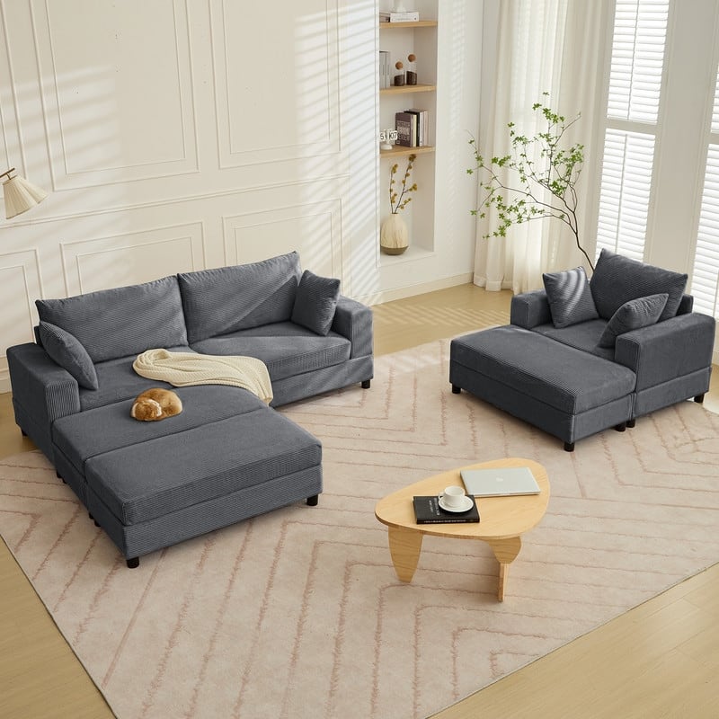 Mixoy Extra-Large Corduroy Upholstered Modular Sectional Sofa Set,Deep Seat Sleeper Chair with Ottoman - 2+1