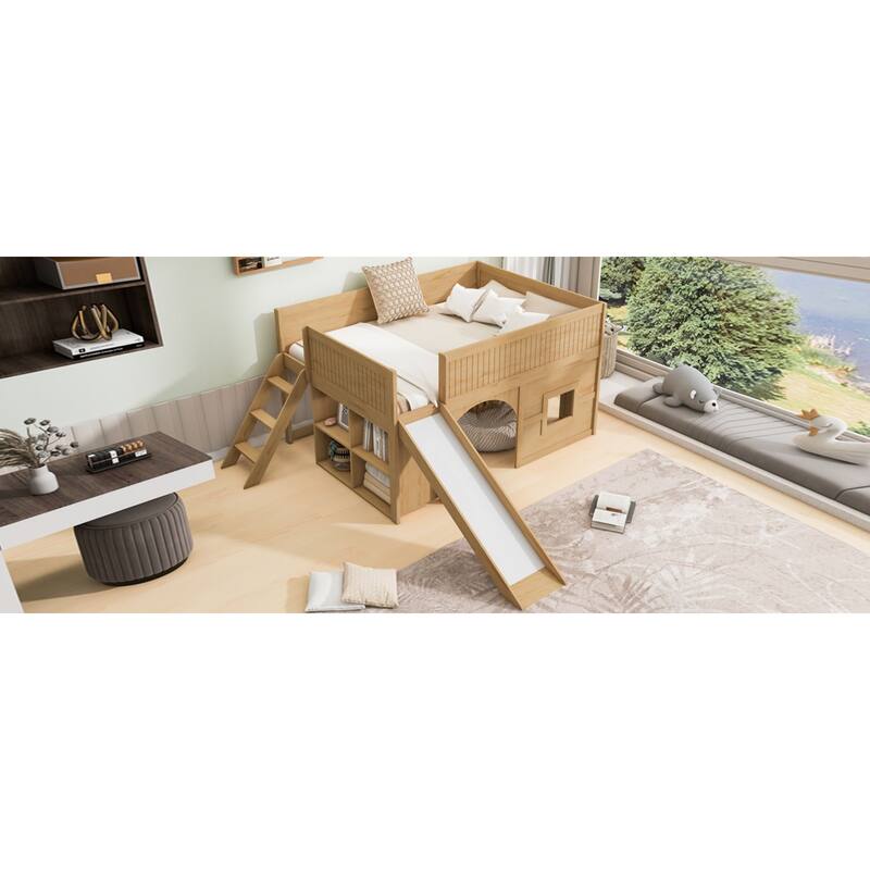 Roomfitters Full Low Loft Bed with Slide, Storage Shelves and Window Design