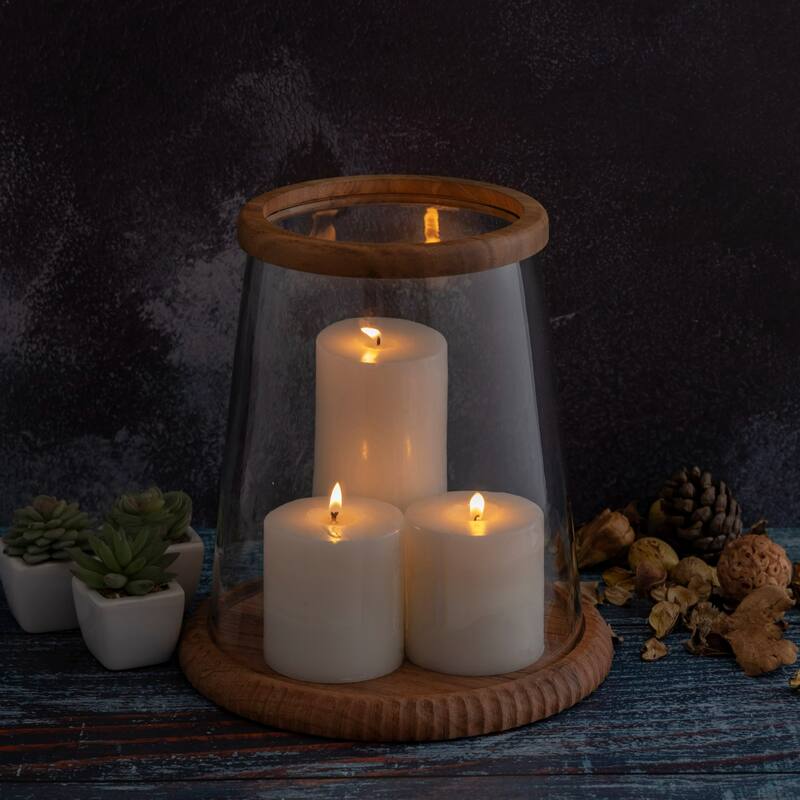 Tapered Glass Candle Lantern with Acacia Wood Base - 11.5"