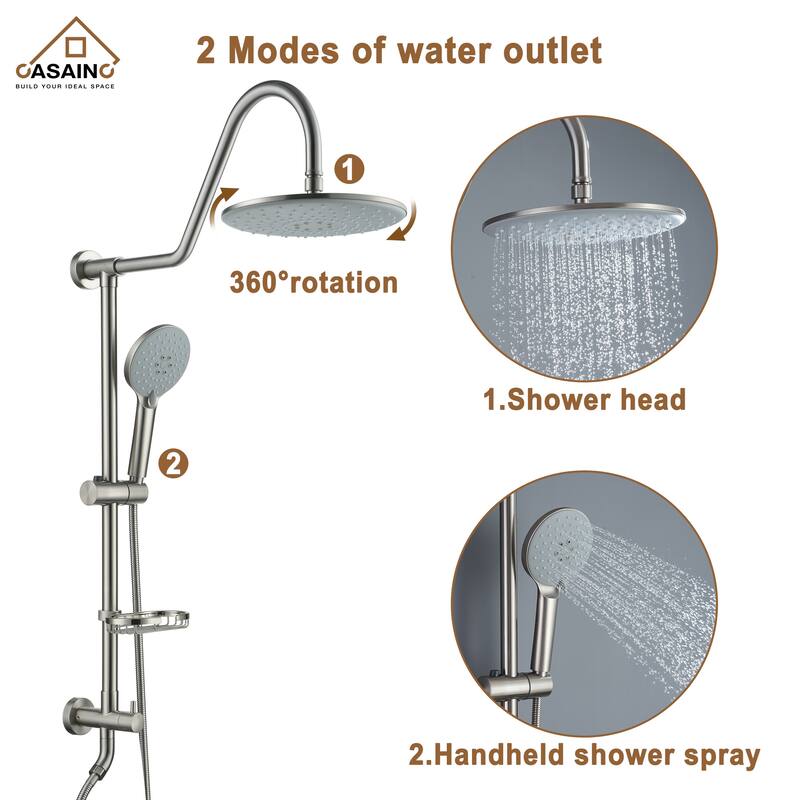 Exposed Pipe Shower System with 10-In Rainfall Shower Head and Handheld Shower