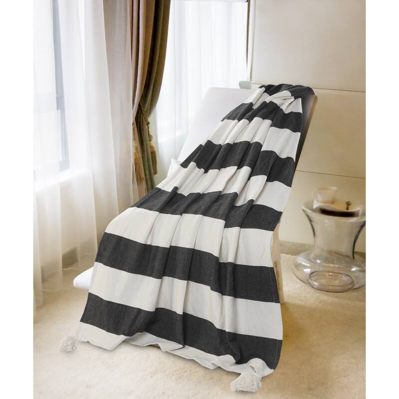 Sevita Cabana Striped Throw Blanket with Tassels - Charcoal