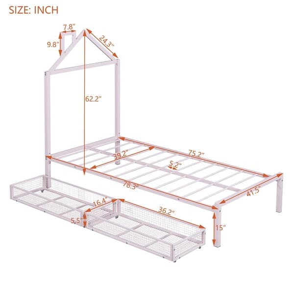 dimension image slide 5 of 6, Metal Platform Bed with two drawers, House-Shaped Headboard Design for Kids, Boys and Girls