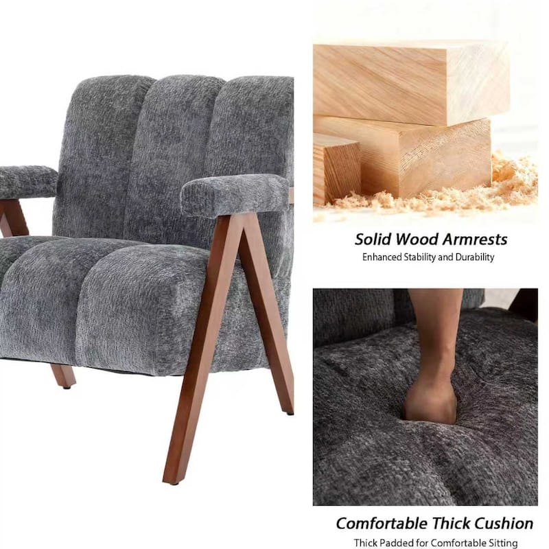 Mid Century Modern Accent Chair, Chenille Armchair with Solid Wood Legs, Channel Tufted Comfy Reading Chair for Living Room