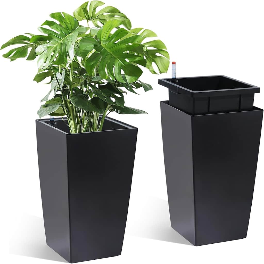 2-Pack 16-Inch Tall Planters with Drainage Holes Water Level Monitor and Inner Bucket Black