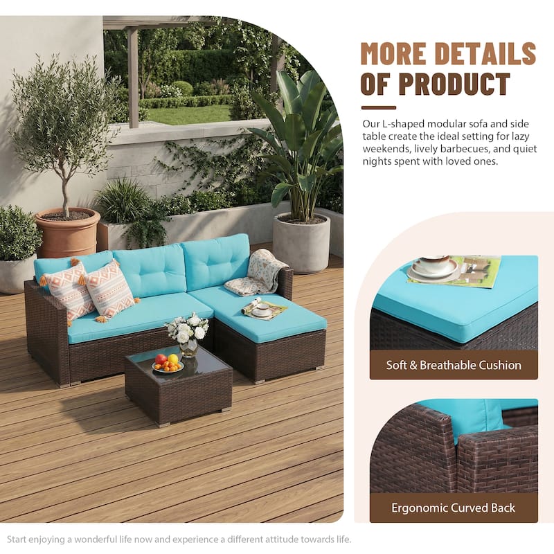 L-Shaped Outdoor Sectional Sofa, PE Wicker Patio Sofa Set with Table and Cushions