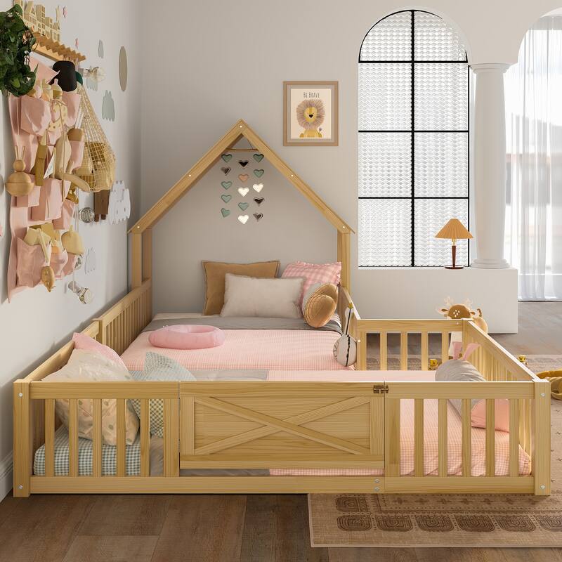 Montessori Floor Bed for Toddler Kids, L Shape House Bed with Door and Guardrails, Double Bed Frame Design for Sleeping and Play