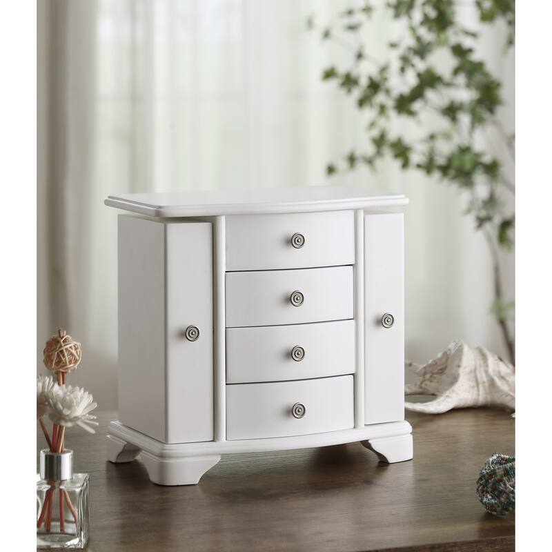 White Jewelry Box with Pink Velvet Lining，4 layer jewelry organizer box and attached 2 side doors