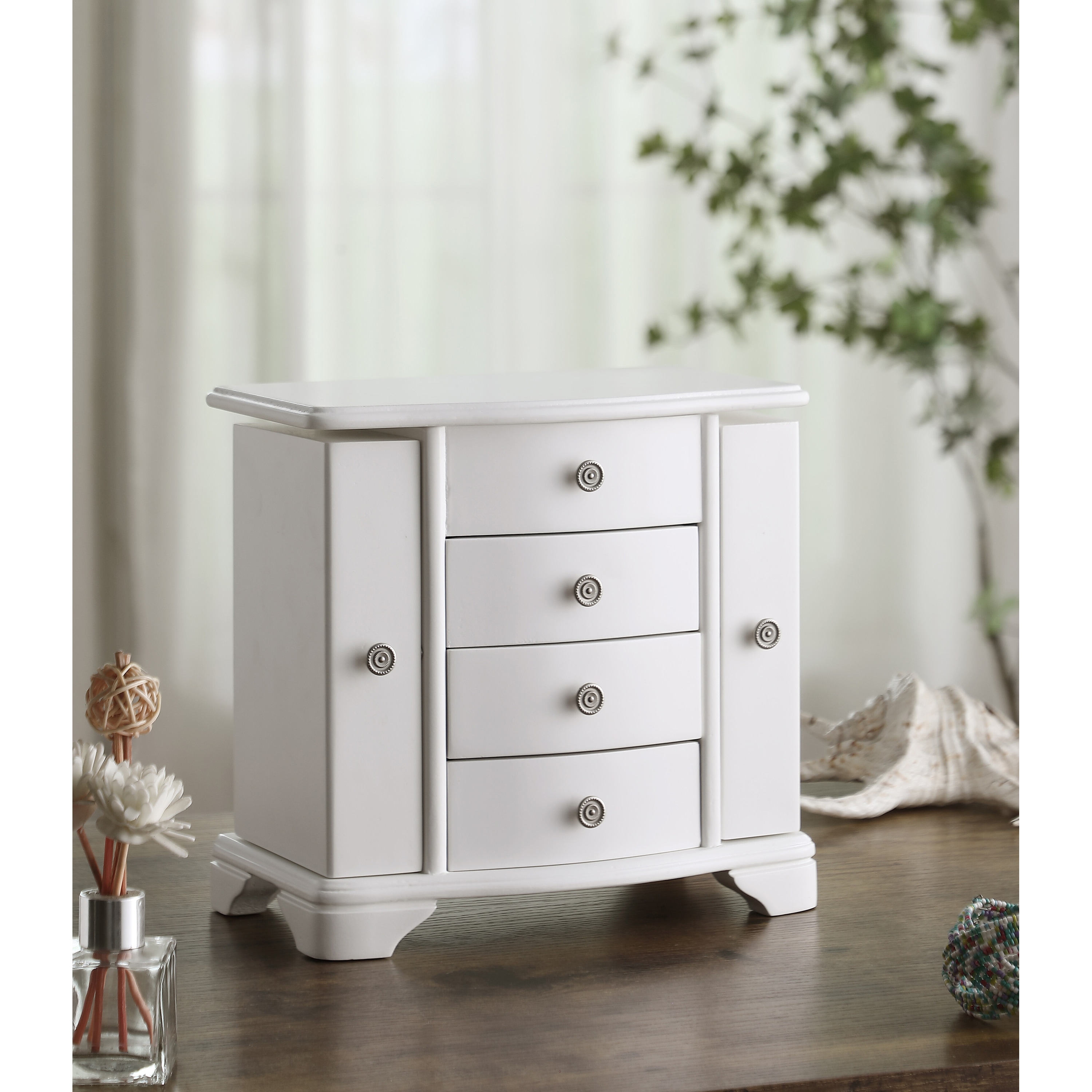 Snow White Wood Jewelry Box with Drawers and doors