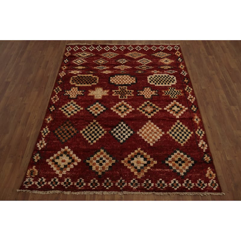 Hand Knotted Oriental 100% Wool Carpet Modern Tribal Red Moroccan Area Rug - 7' 6'' X 5' 11''