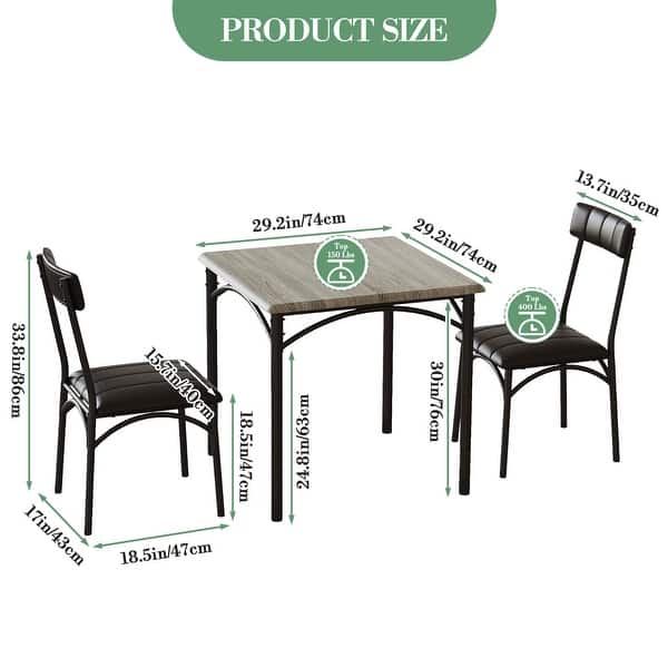 dimension image slide 1 of 3, 3 Pcs Dining Table Chair Set , Compact Kitchen Table with 2 Upholstered Chairs - 29.2x29.2x30in