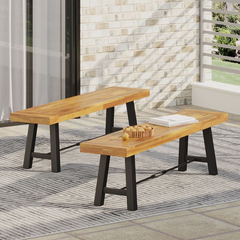 Catriona Acacia Wood Outdoor Dining Benches by Christopher Knight Home - Teak/Rustic Metal