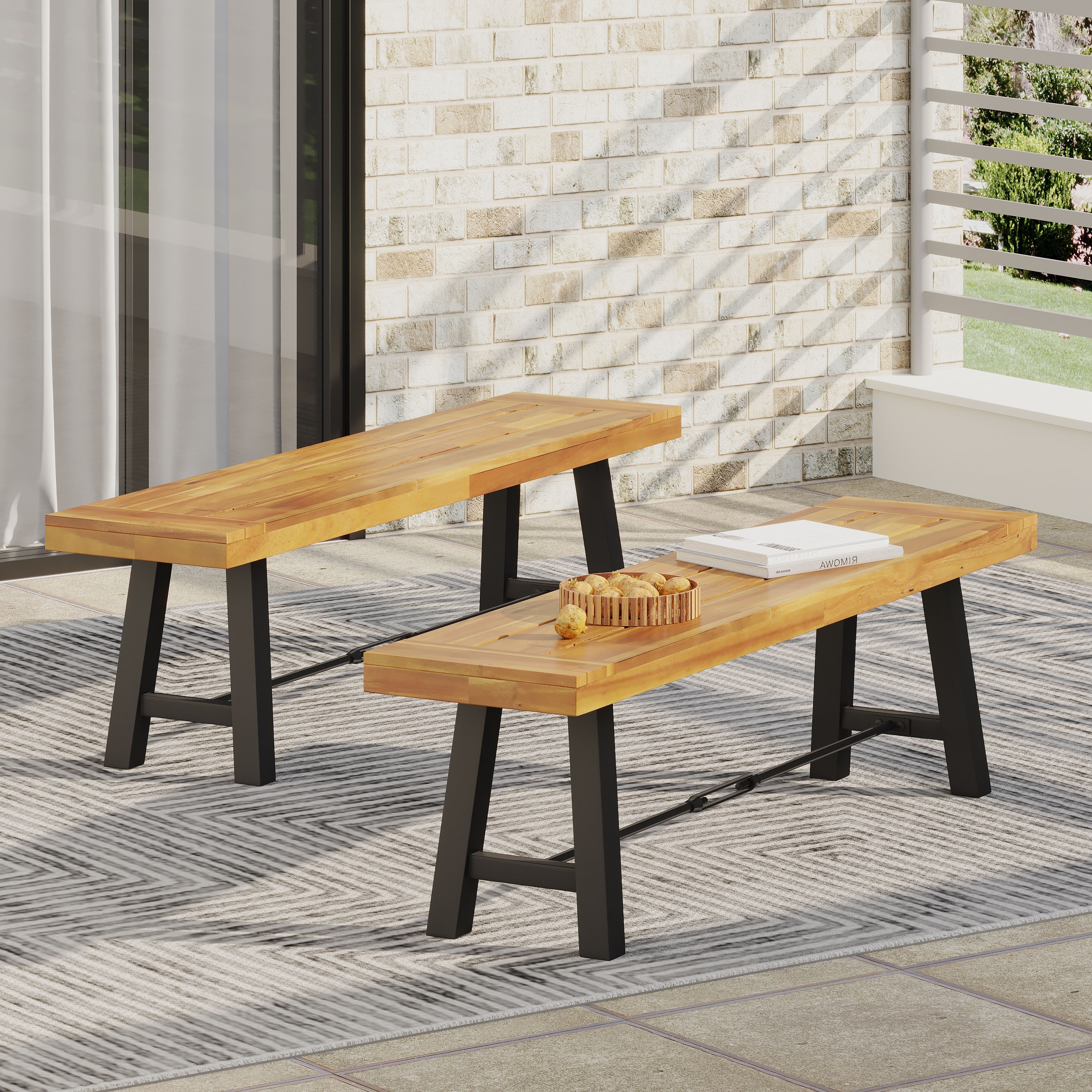 Roomfitters Outdoor Acacia Wood Bench with Black Metal Legs, Patio Dining or Garden Seating, Teak