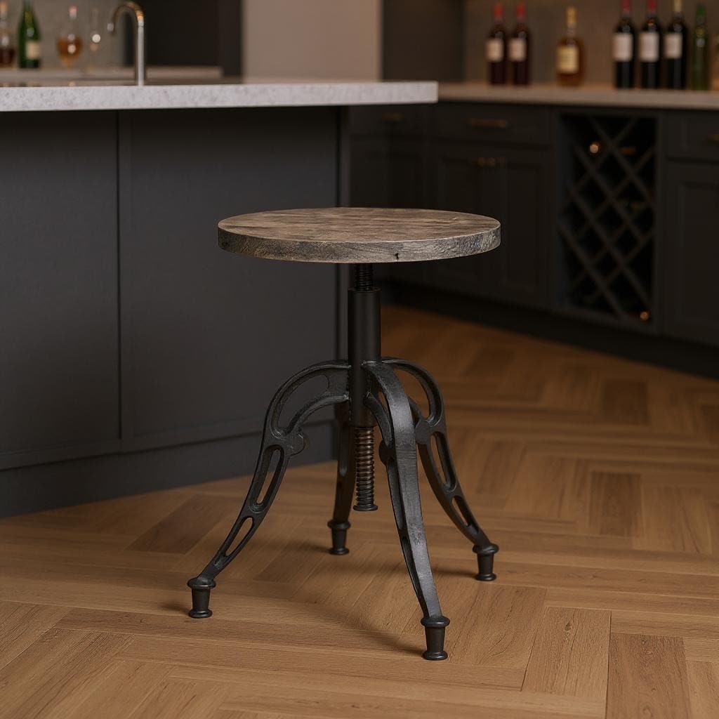 HomeRoots Natural and Black Solid Wood and Iron Backless Adjustable Height Bar Chair