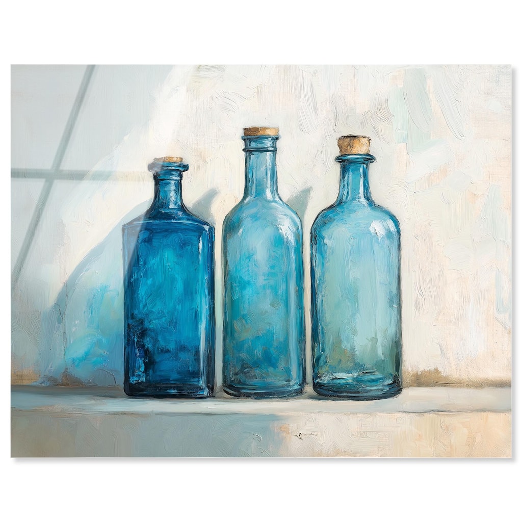 Three Blue Bottles Acrylic by Art Remedy, Ready to Hang