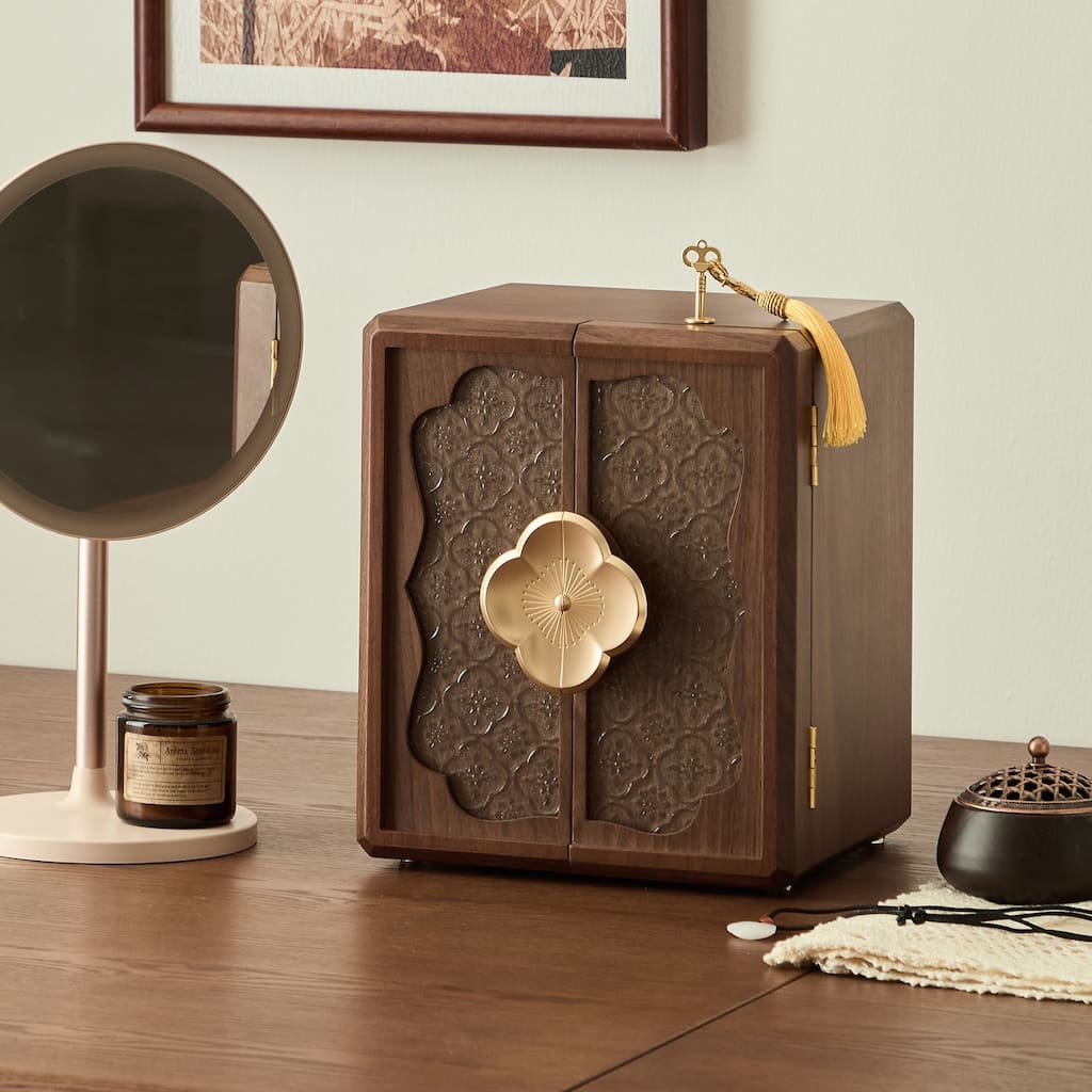 Modern Walnut Color Double-Door with Begonia Locking 5-Layer Jewelry Box - 9.06