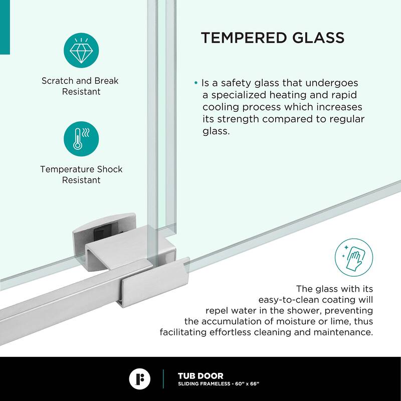 Fine Fixtures Tub Door Sliding Frameless Tempered Glass
