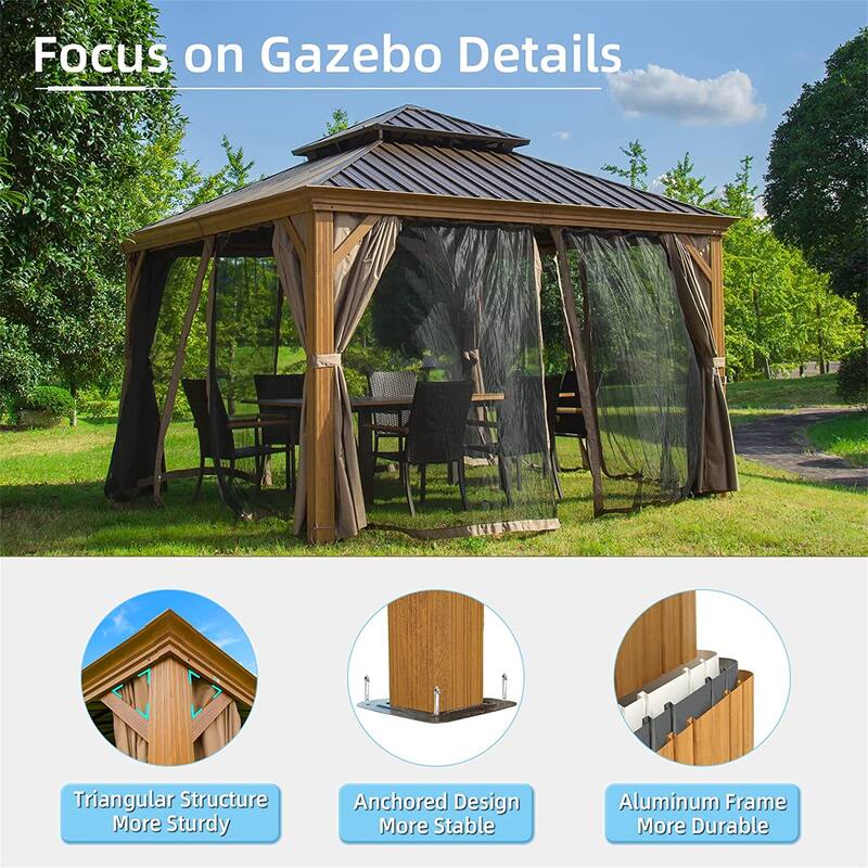 12'x12' Wood-Looking Hardtop Gazebo with Double Roof, Curtains, and Netting for Outdoor Use