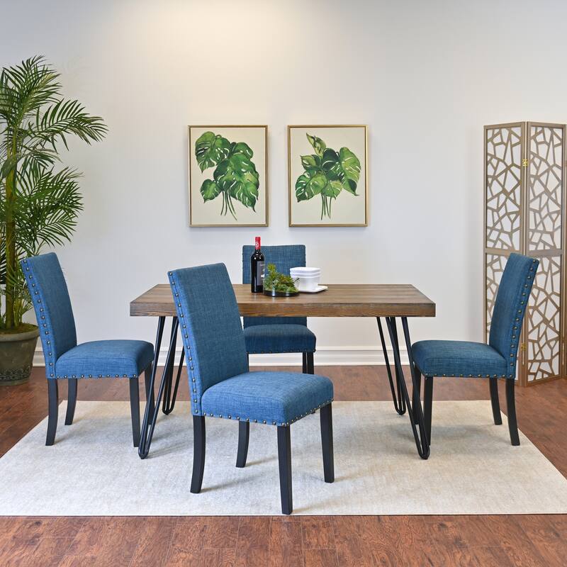 7-Piece Modern Dining Set with Rectangular Table & Nailhead Chairs - 5-Piece Sets - Brown+Blue