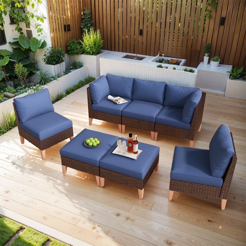 Gymojoy 5-Piece 3-Seat Sofa with Modular Sofa Ottoman - Brown - Blue