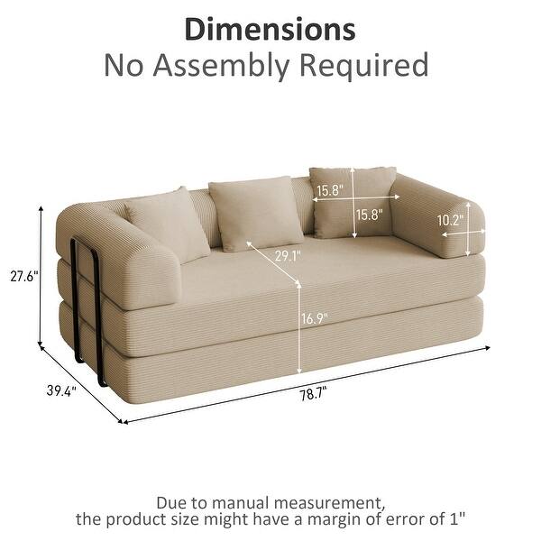 dimension image slide 3 of 7, Convertible Sleeper Sofa Bed with Pillows, 4-in-1 Corduroy Folding Mattress Couch