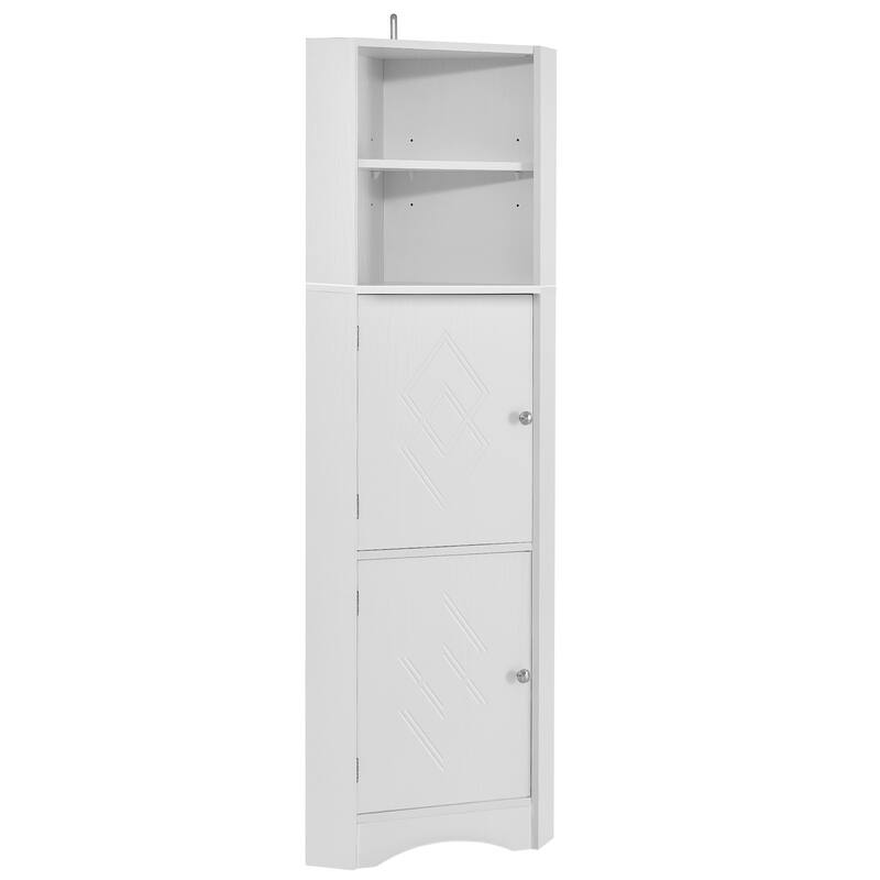 Bathroom Storage Corner Cabinet with Open Shelves, Adjustable Shelves, Rhombus Pattern Cabinet Doors and Curved Line Base