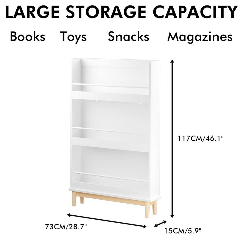 Wall-Mounted Kids Bookshelf with 4 Front-Facing Display Shelves, Modern White Book Rack with Natural Wood Base