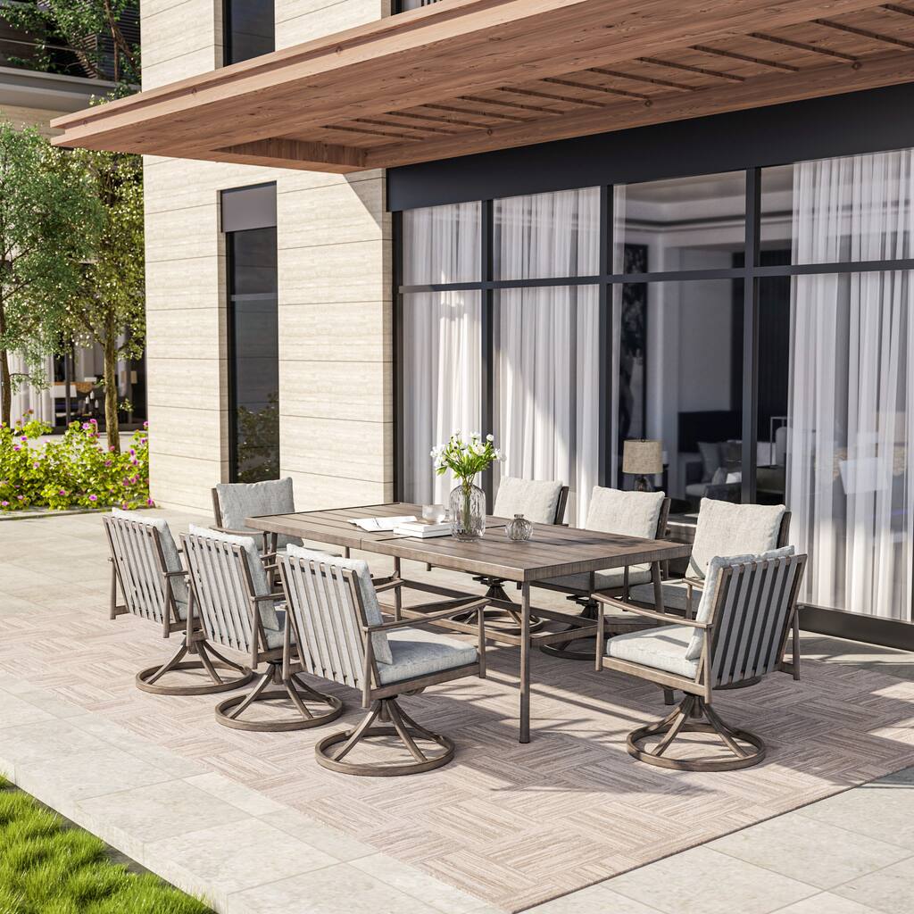 SleekLine 9-Piece Aluminum Patio Dining Set with Webbing Chair Back and Removable Cushions