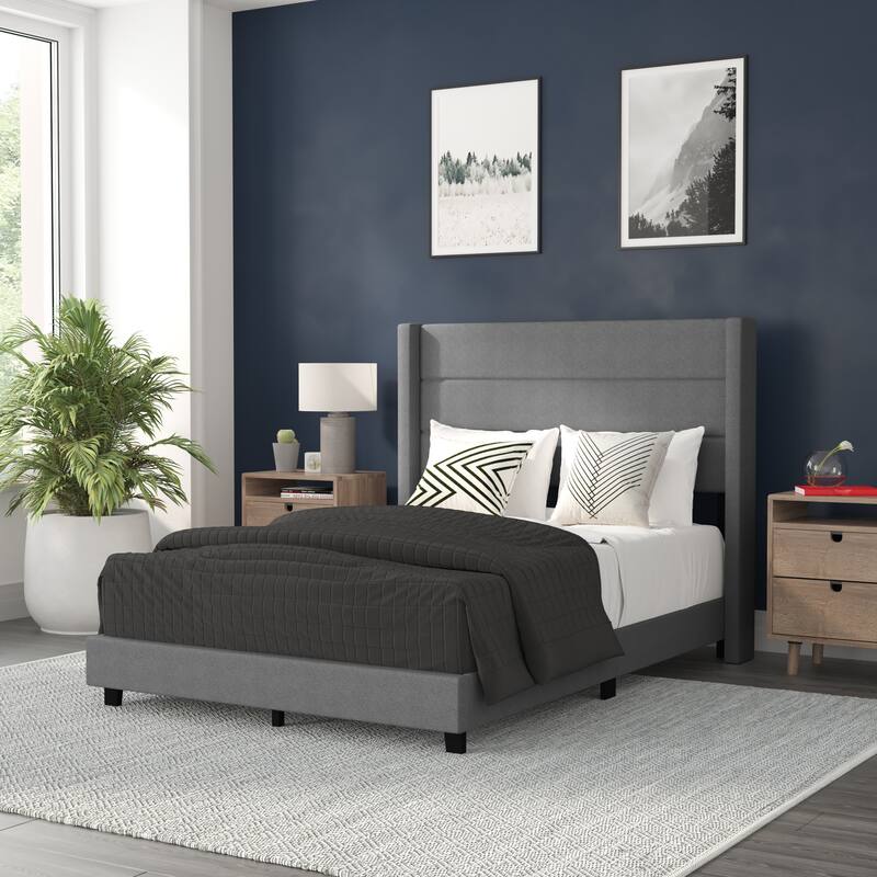 Upholstered Platform Bed with Wingback Headboard - Gray - Full