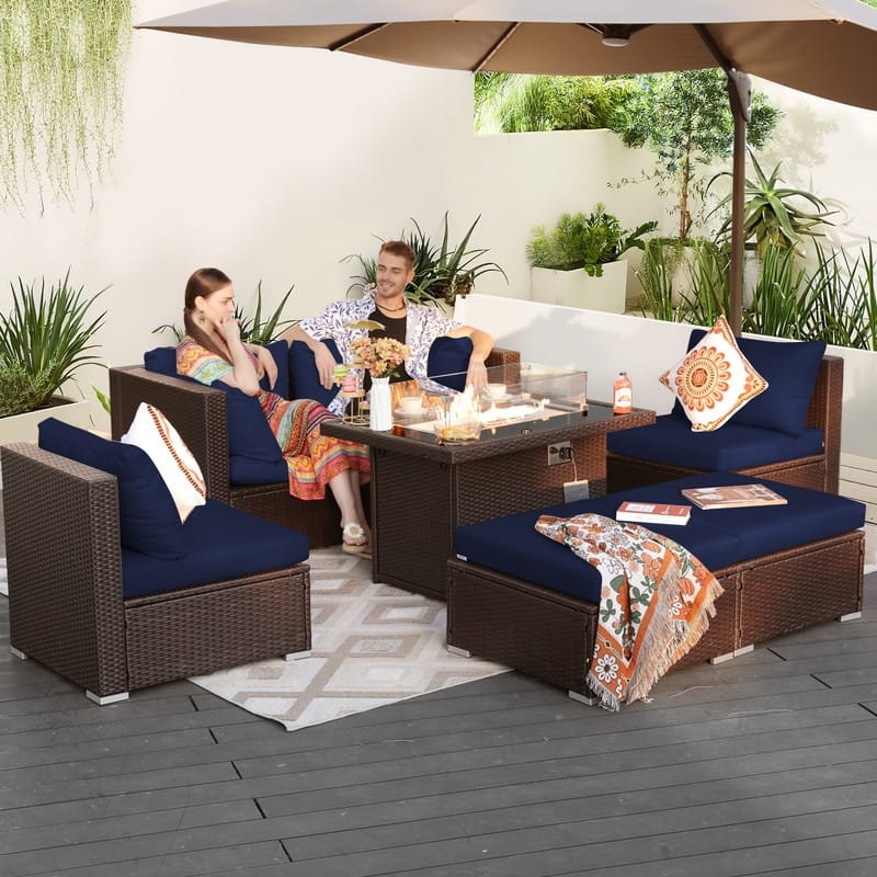 FINCATI Outdoor Wicker Patio Furniture Conversation Sectional Sofa Set - 7PCS-B - Navy Blue