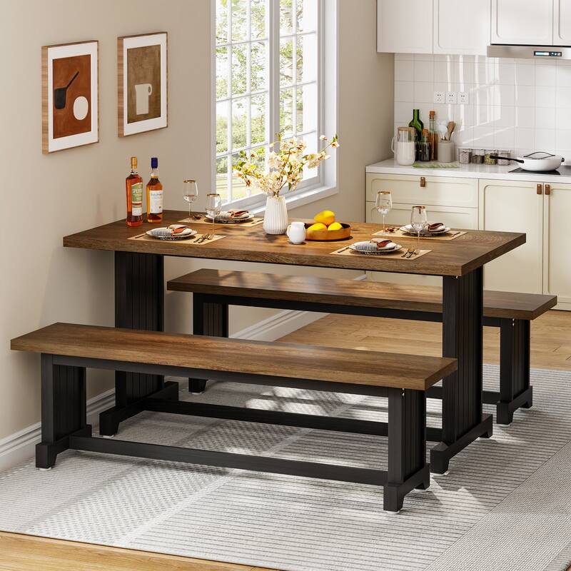 47 Inches Farmhouse Wood 3-piece Small Dining Table with 2 Benches